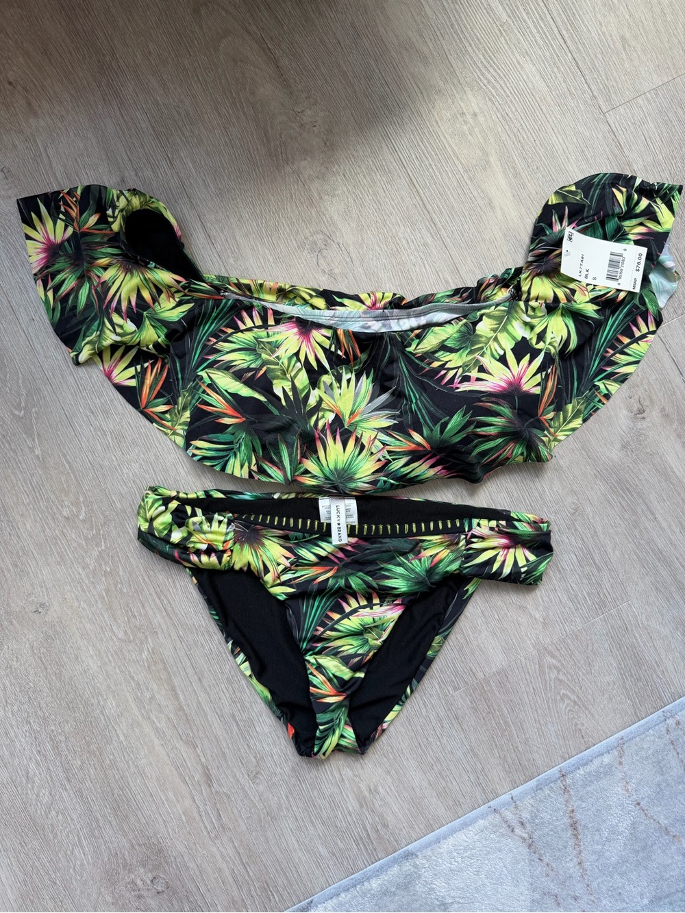 Lucky Brand Black Tropical Leaf Off-Shoulder Bikini